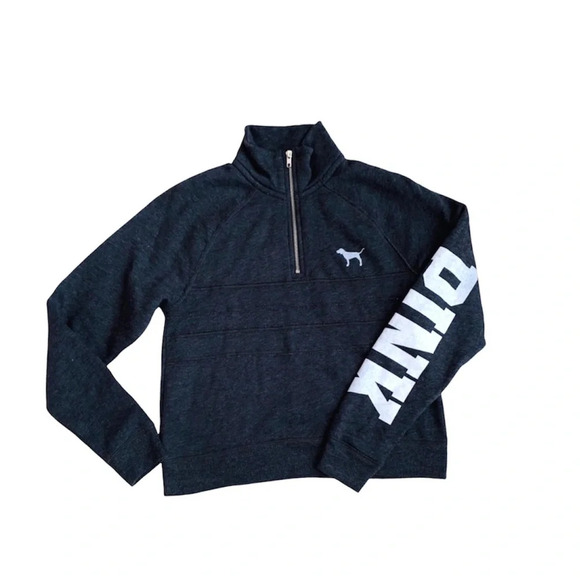 PINK Victoria’s Secret Dark Gray Quarter Zip Icon Sweatshirt Xsmall Women’s - Picture 1 of 6